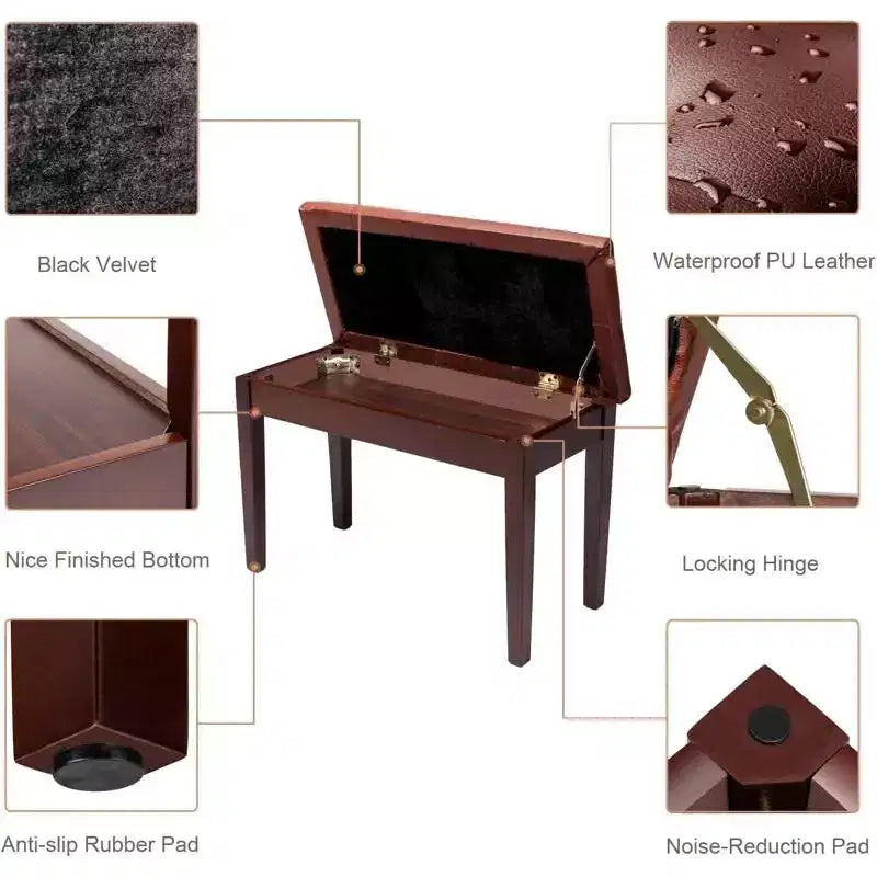 Banc de piano marron à plateau boutonné avec rangement