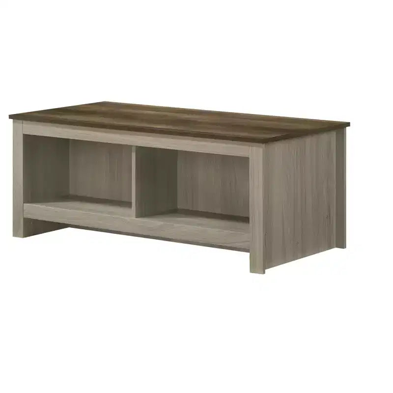 Table basse Nyla 43W en chêne gris avec étagères ouvertes, étagères avant et arrière, finition noyer, plateau contrastant, table de salon