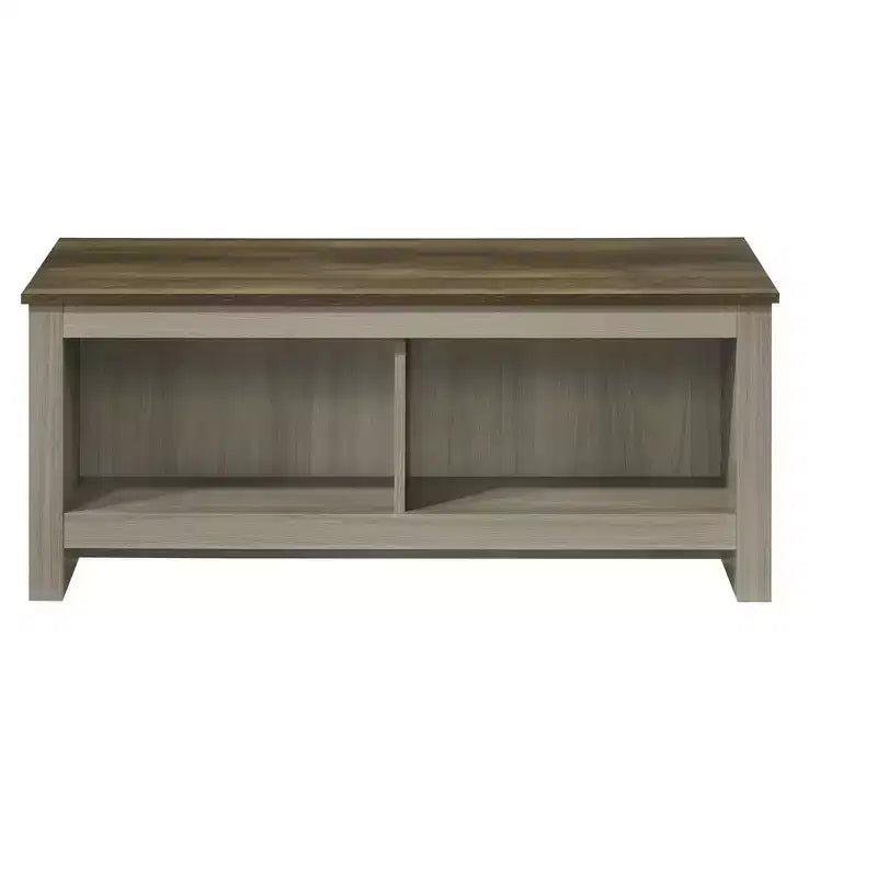 Table basse Nyla 43W en chêne gris avec étagères ouvertes, étagères avant et arrière, finition noyer, plateau contrastant, table de salon