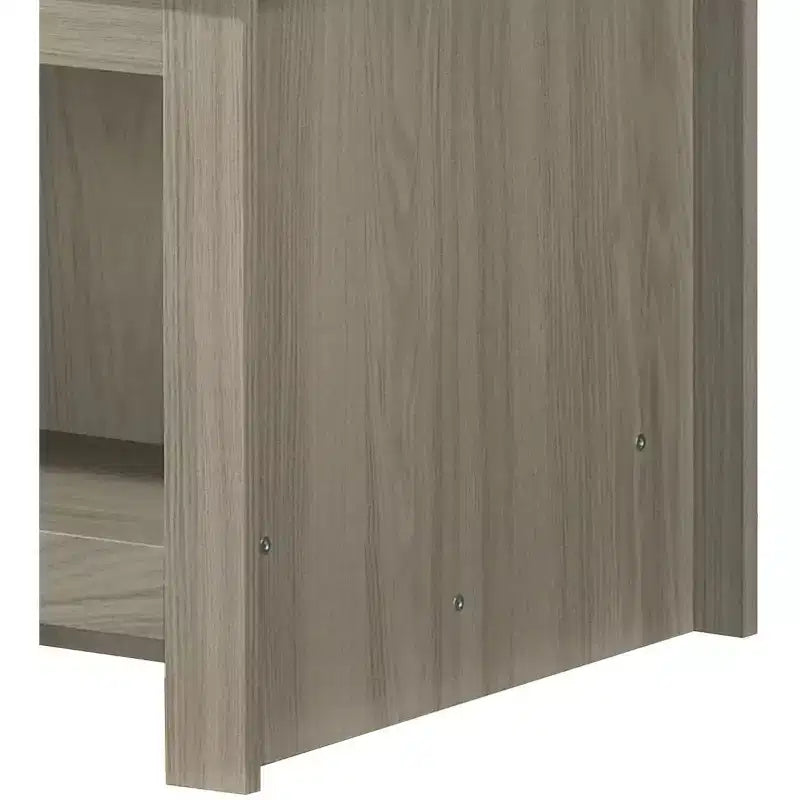 Table basse Nyla 43W en chêne gris avec étagères ouvertes, étagères avant et arrière, finition noyer, plateau contrastant, table de salon