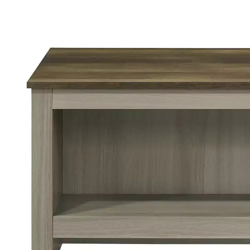 Table basse Nyla 43W en chêne gris avec étagères ouvertes, étagères avant et arrière, finition noyer, plateau contrastant, table de salon