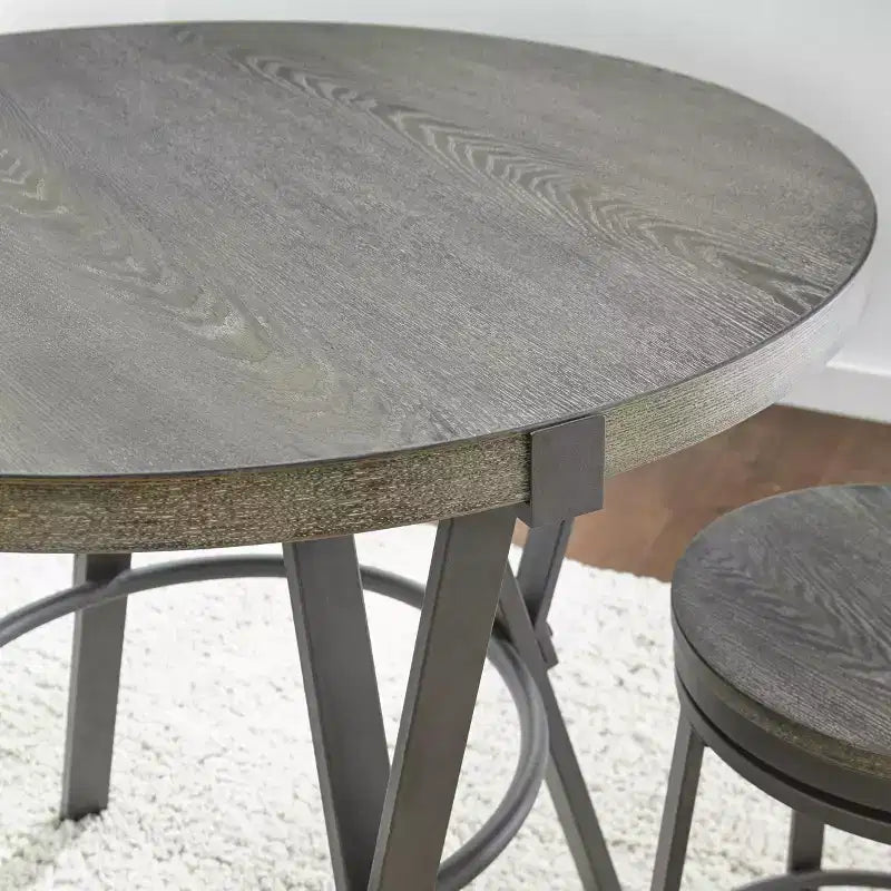 Table à manger ronde hauteur comptoir de 42" - Plateau en placage de bois gris et piètement en métal, 4 places