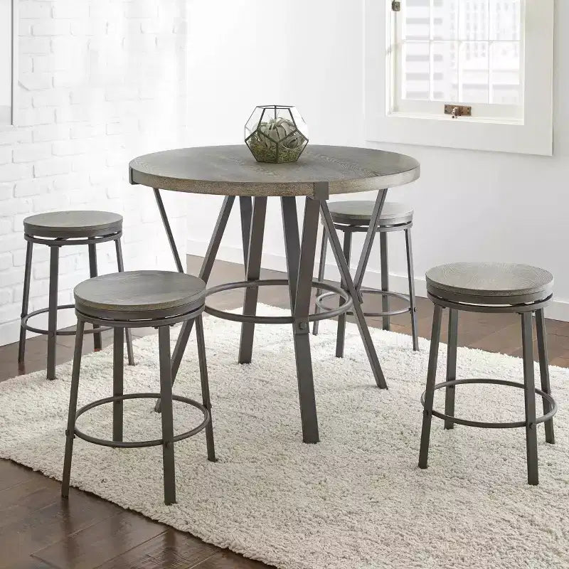 Table à manger ronde hauteur comptoir de 42" - Plateau en placage de bois gris et piètement en métal, 4 places