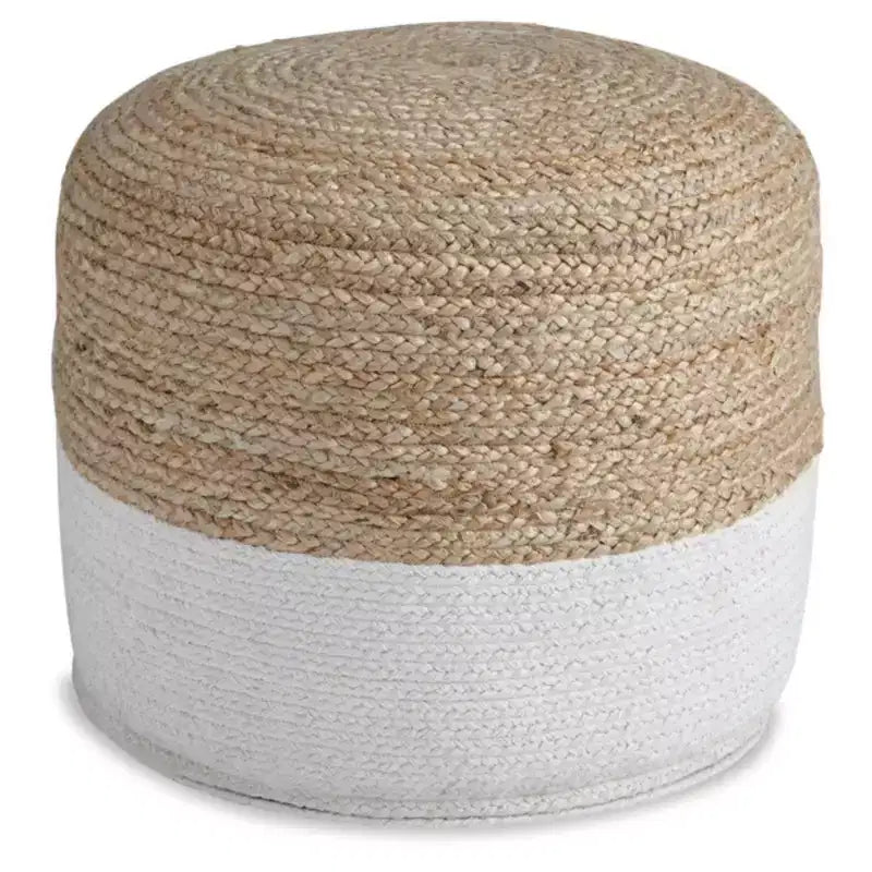 Pouf Tressé Rond en Jute - Naturel et Blanc, Aucun Assemblage Requis