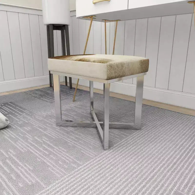 Tabouret d'appoint carré contemporain en cuir de vachette et acier inoxydable - Argent, 20x16x19"
