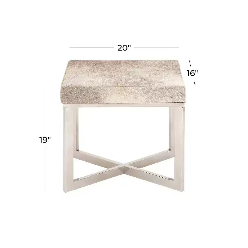 Tabouret d'appoint carré contemporain en cuir de vachette et acier inoxydable - Argent, 20x16x19"