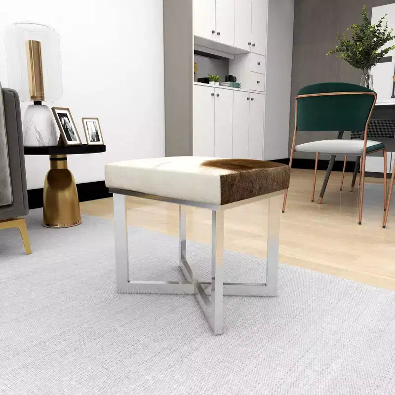 Tabouret d'appoint carré contemporain en cuir de vachette et acier inoxydable - Argent, 20x16x19"