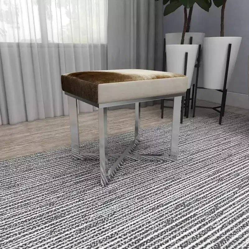 Tabouret d'appoint carré contemporain en cuir de vachette et acier inoxydable - Argent, 20x16x19"