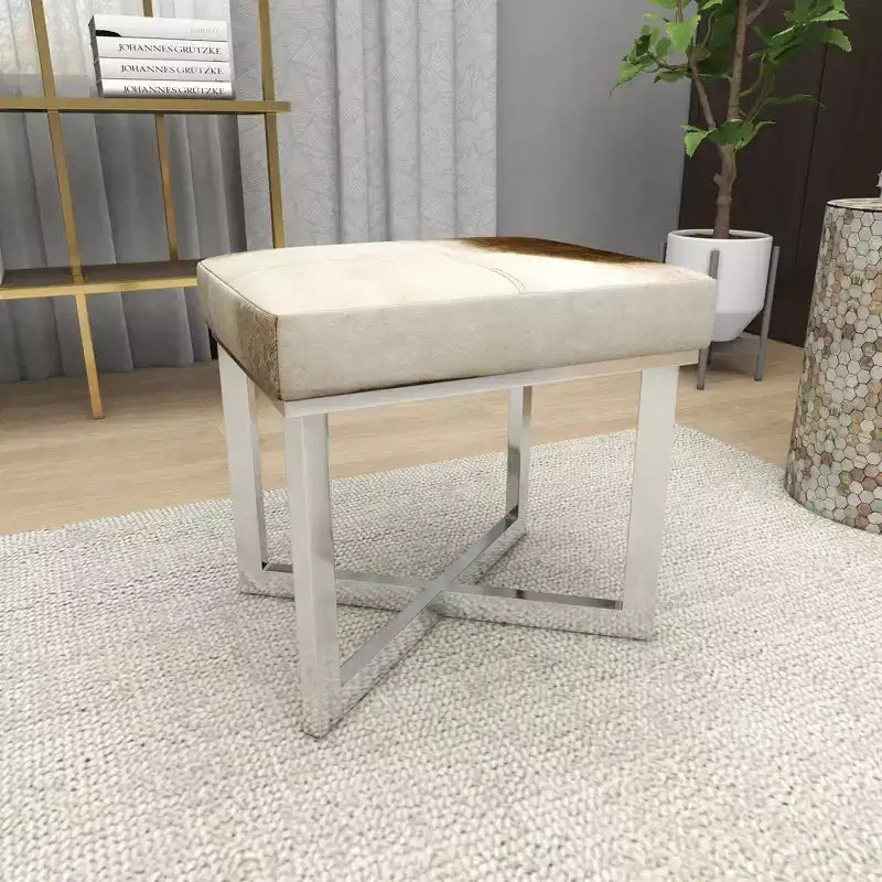 Tabouret d'appoint carré contemporain en cuir de vachette et acier inoxydable - Argent, 20x16x19"