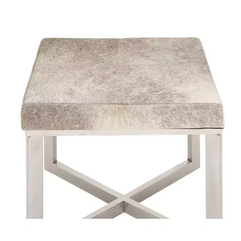 Tabouret d'appoint carré contemporain en cuir de vachette et acier inoxydable - Argent, 20x16x19"