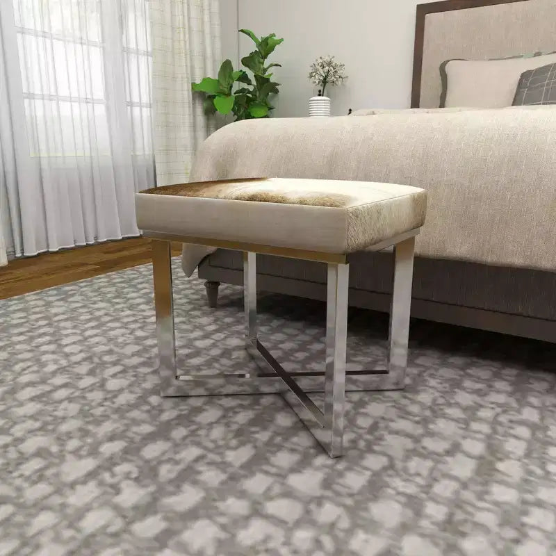 Tabouret d'appoint carré contemporain en cuir de vachette et acier inoxydable - Argent, 20x16x19"