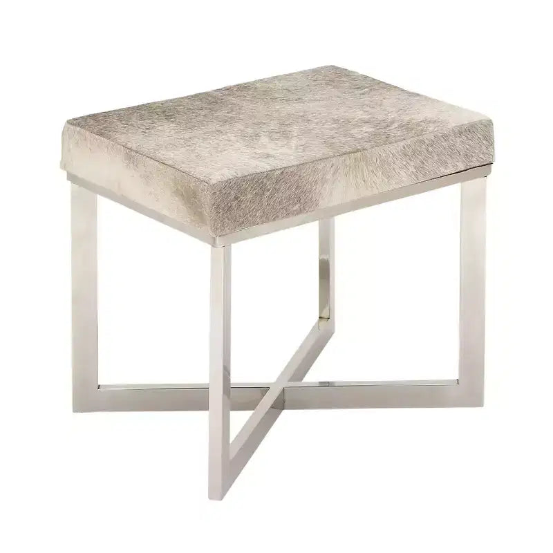 Tabouret d'appoint carré contemporain en cuir de vachette et acier inoxydable - Argent, 20x16x19"