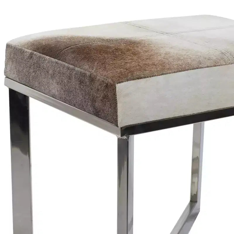 Tabouret d'appoint carré contemporain en cuir de vachette et acier inoxydable - Argent, 20x16x19"