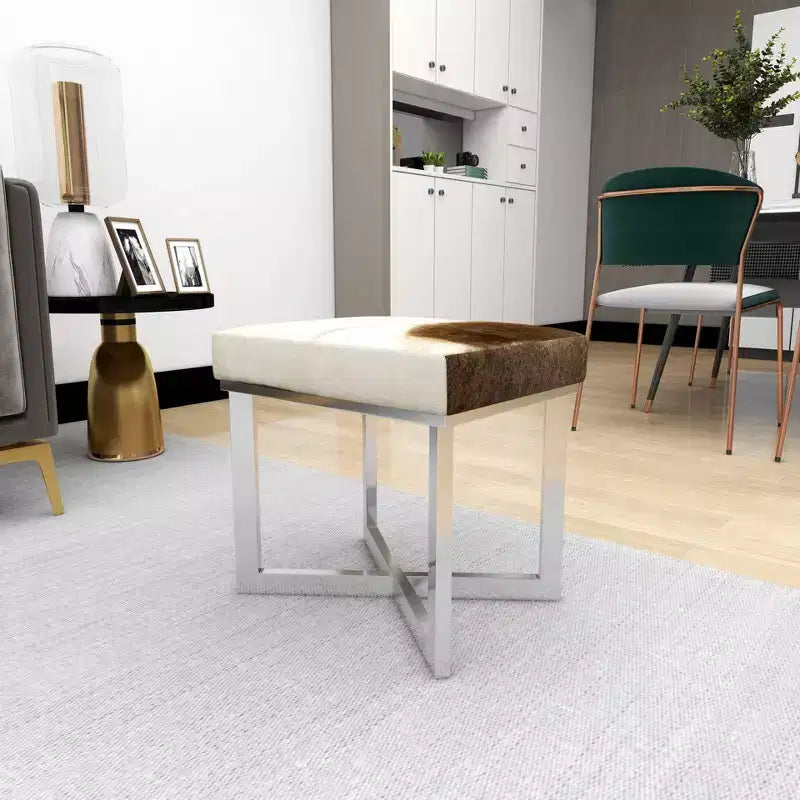 Tabouret d'appoint carré contemporain en cuir de vachette et acier inoxydable - Argent, 20x16x19"
