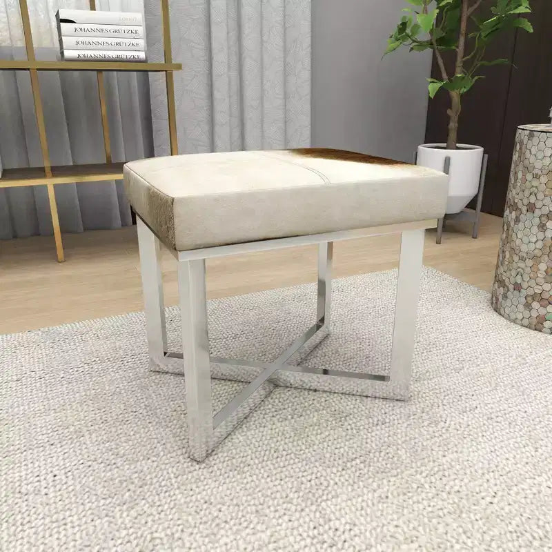Tabouret d'appoint carré contemporain en cuir de vachette et acier inoxydable - Argent, 20x16x19"