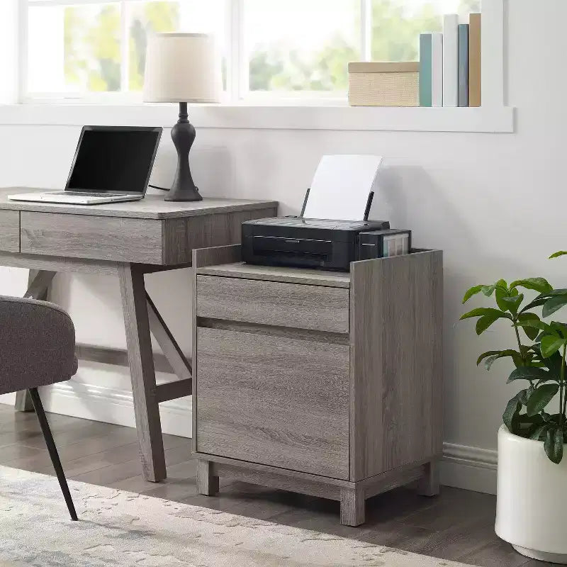 Classeur latéral à 2 tiroirs avec plateau pour imprimante – Finition plaqué bois gris