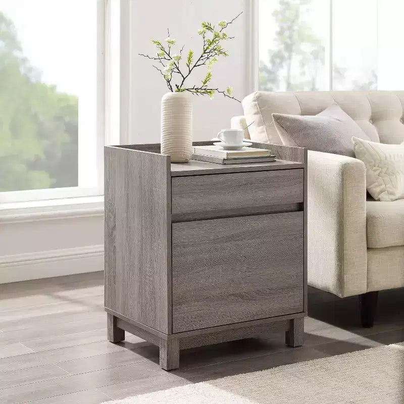 Classeur latéral à 2 tiroirs avec plateau pour imprimante – Finition plaqué bois gris