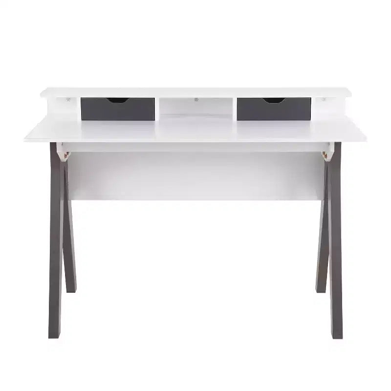 Bureau informatique de style moderne du milieu du siècle de 119 cm avec 2 tiroirs et une étagère - Bois gris et blanc