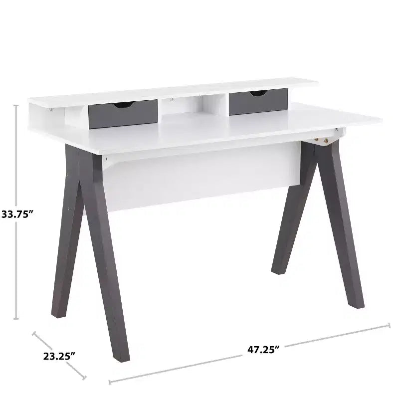 Bureau informatique de style moderne du milieu du siècle de 119 cm avec 2 tiroirs et une étagère - Bois gris et blanc