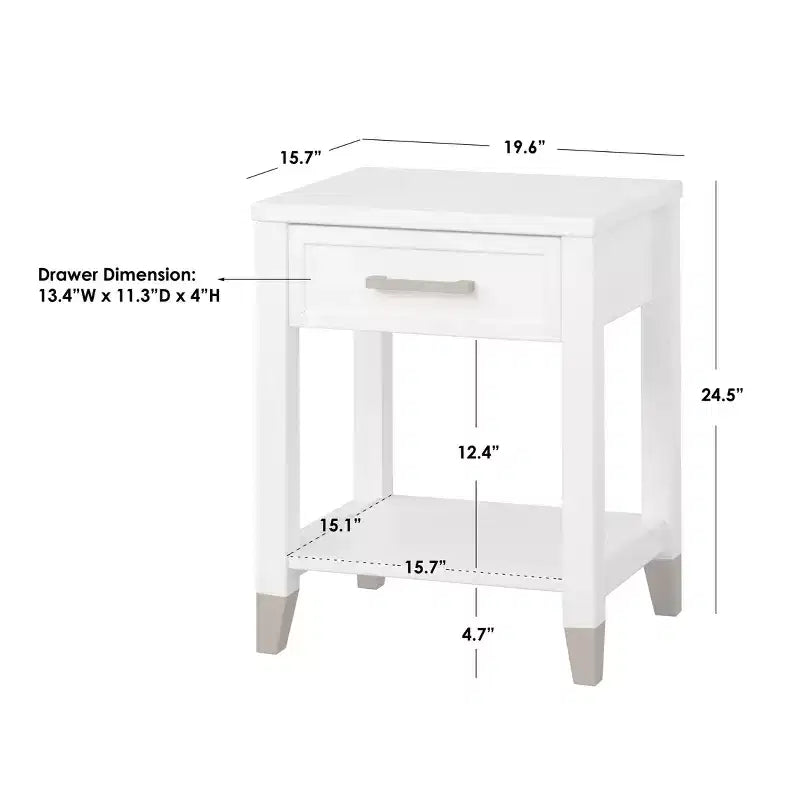 Table d'appoint moderne du milieu du siècle avec tiroir et étagère inférieure - MDF blanc et pieds en pin