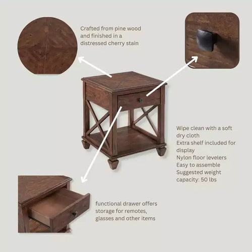 Table d'appoint carrée 21" en bois de pin avec tiroir et étagère - Finition cerisier