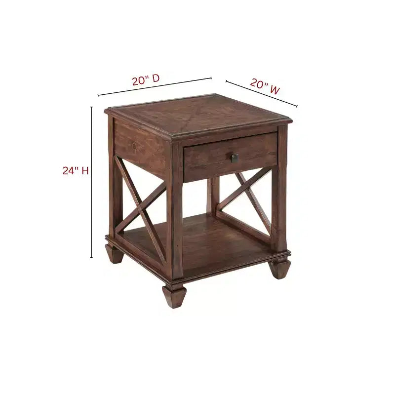Table d'appoint carrée 21" en bois de pin avec tiroir et étagère - Finition cerisier