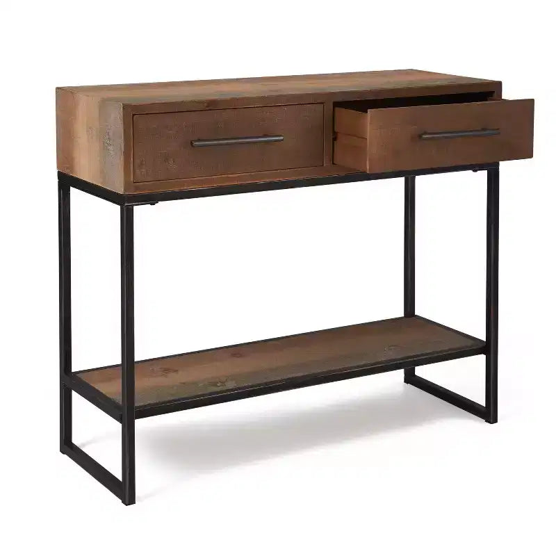 Console en bois et métal de 91 cm avec 2 tiroirs - Finition marron vieilli