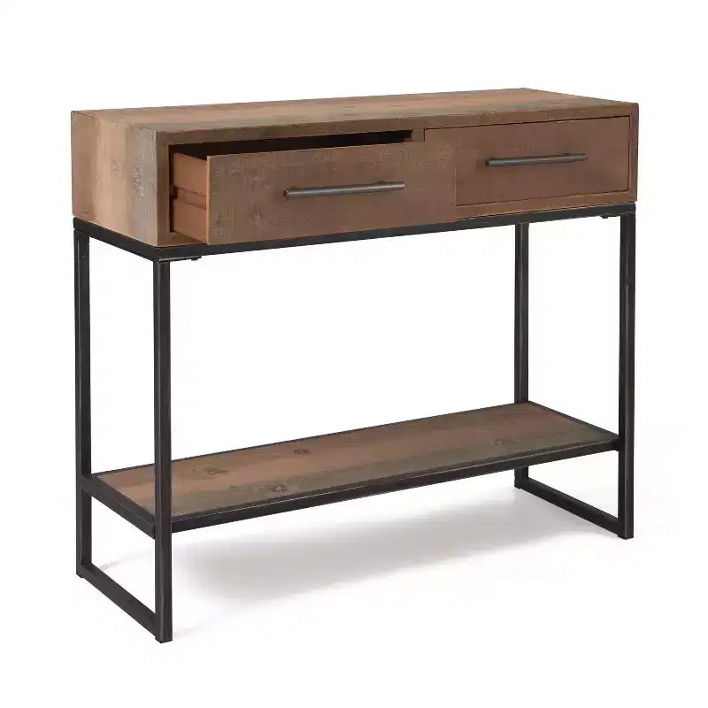 Console en bois et métal de 91 cm avec 2 tiroirs - Finition marron vieilli