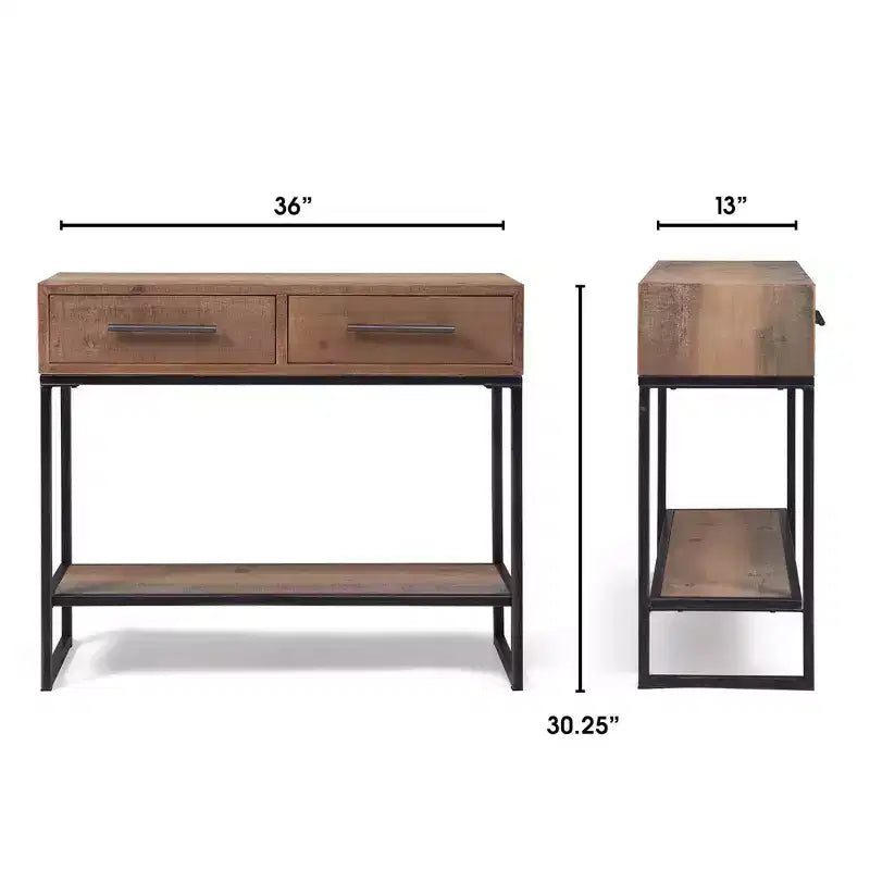 Console en bois et métal de 91 cm avec 2 tiroirs - Finition marron vieilli