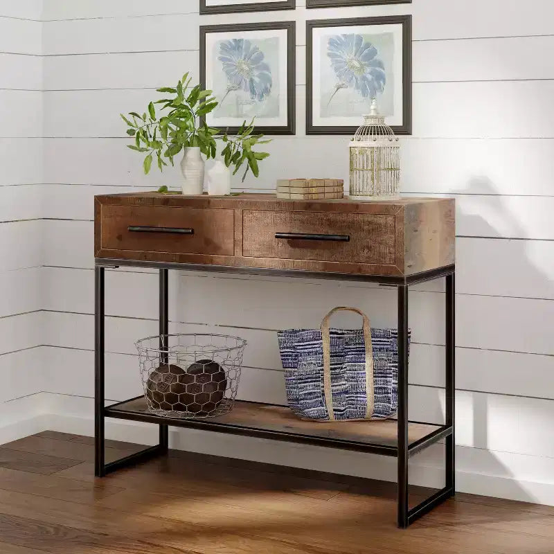 Console en bois et métal de 91 cm avec 2 tiroirs - Finition marron vieilli
