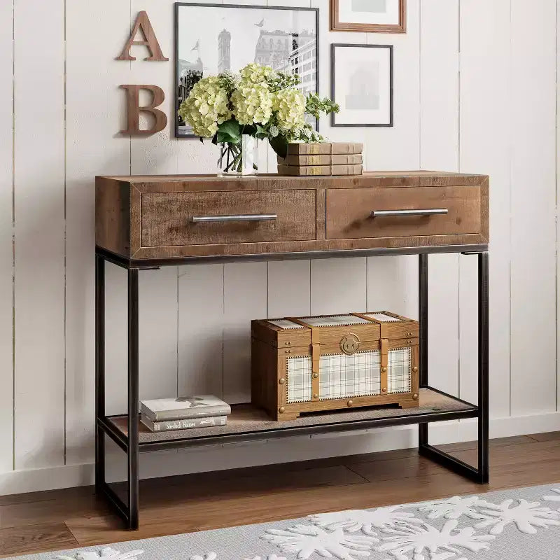 Console en bois et métal de 91 cm avec 2 tiroirs - Finition marron vieilli