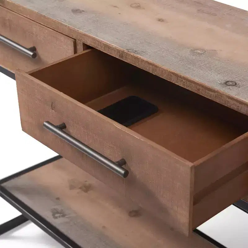 Console en bois et métal de 91 cm avec 2 tiroirs - Finition marron vieilli