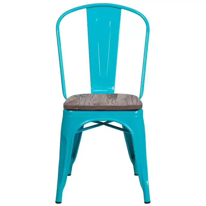 Chaise de bistrot empilable en métal coloré avec assise en bois - Capacité de 227 kg