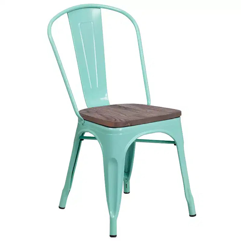 Chaise de bistrot empilable en métal coloré avec assise en bois - Capacité de 227 kg
