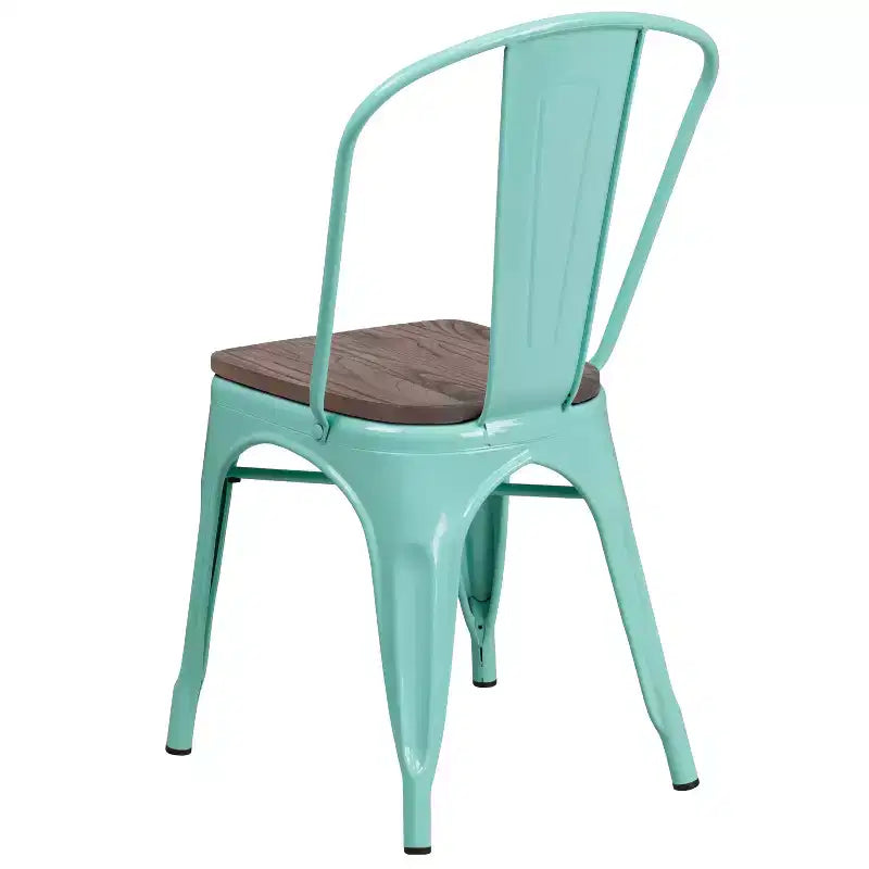 Chaise de bistrot empilable en métal coloré avec assise en bois - Capacité de 227 kg