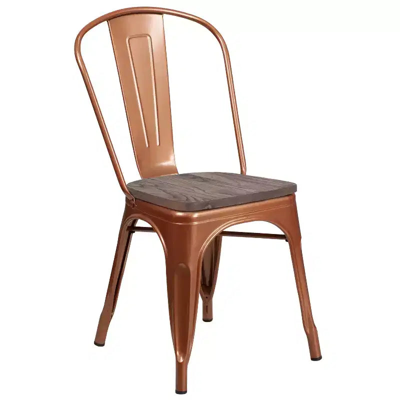 Chaise de bistrot empilable en métal coloré avec assise en bois - Capacité de 227 kg