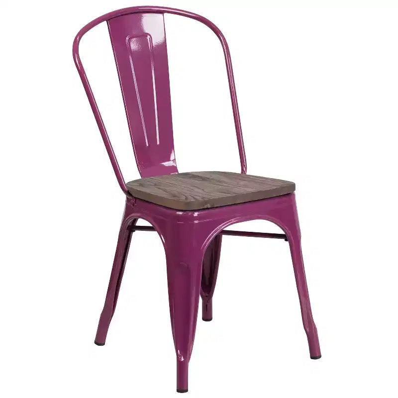 Chaise de bistrot empilable en métal coloré avec assise en bois - Capacité de 227 kg