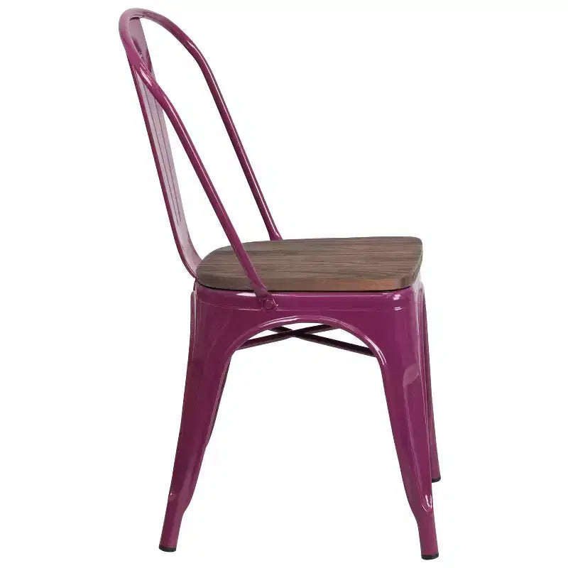 Chaise de bistrot empilable en métal coloré avec assise en bois - Capacité de 227 kg