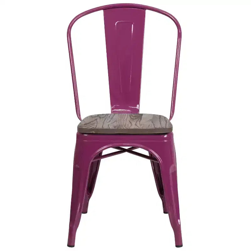 Chaise de bistrot empilable en métal coloré avec assise en bois - Capacité de 227 kg