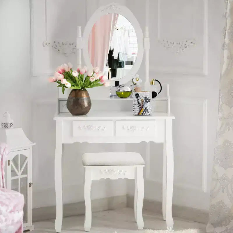 Coiffeuse de maquillage avec tabouret et 4 tiroirs – MDF, miroir rotatif à 360°, blanc
