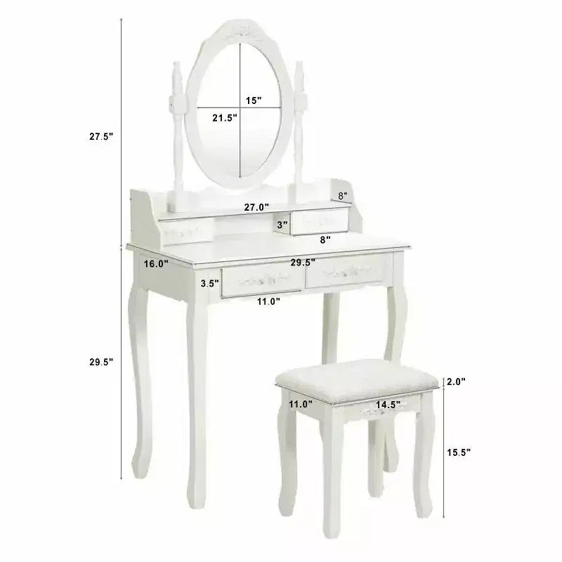 Coiffeuse de maquillage avec tabouret et 4 tiroirs – MDF, miroir rotatif à 360°, blanc