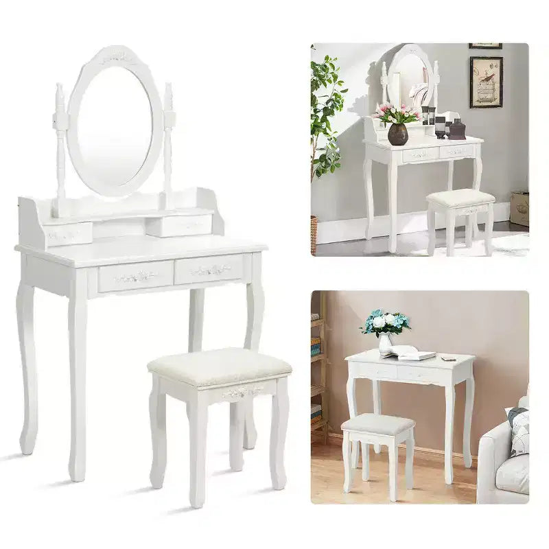 Coiffeuse de maquillage avec tabouret et 4 tiroirs – MDF, miroir rotatif à 360°, blanc