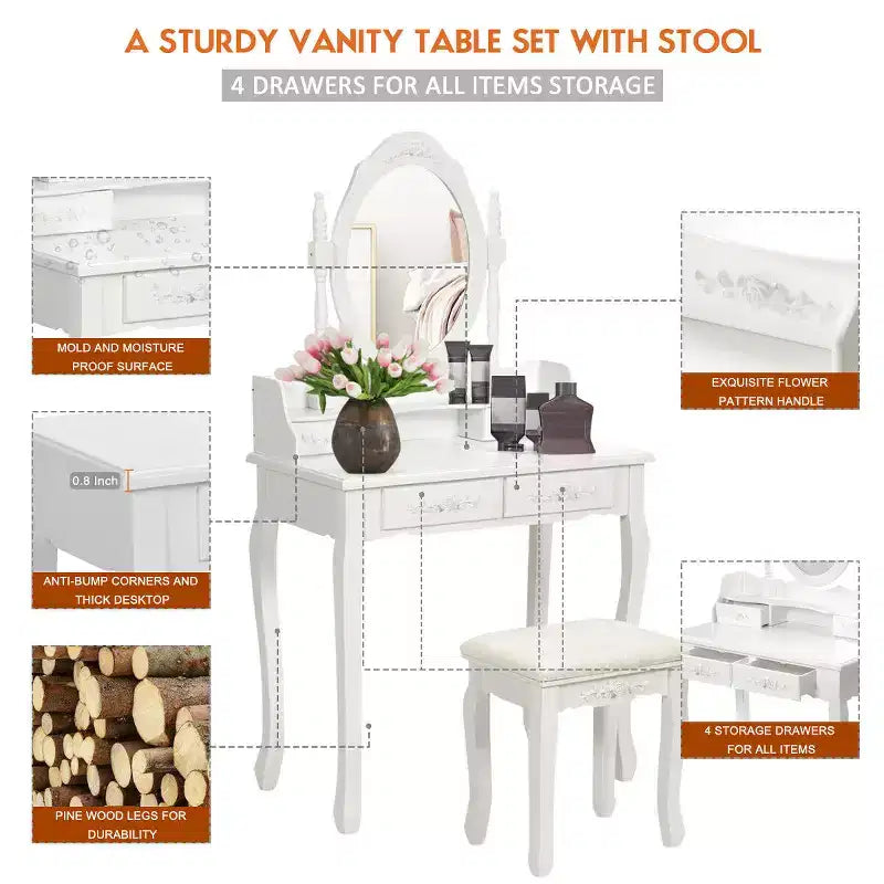 Coiffeuse de maquillage avec tabouret et 4 tiroirs – MDF, miroir rotatif à 360°, blanc