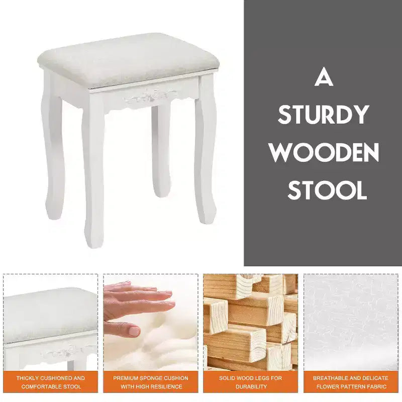 Coiffeuse de maquillage avec tabouret et 4 tiroirs – MDF, miroir rotatif à 360°, blanc