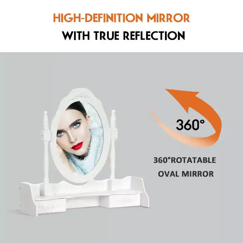 Coiffeuse de maquillage avec tabouret et 4 tiroirs – MDF, miroir rotatif à 360°, blanc