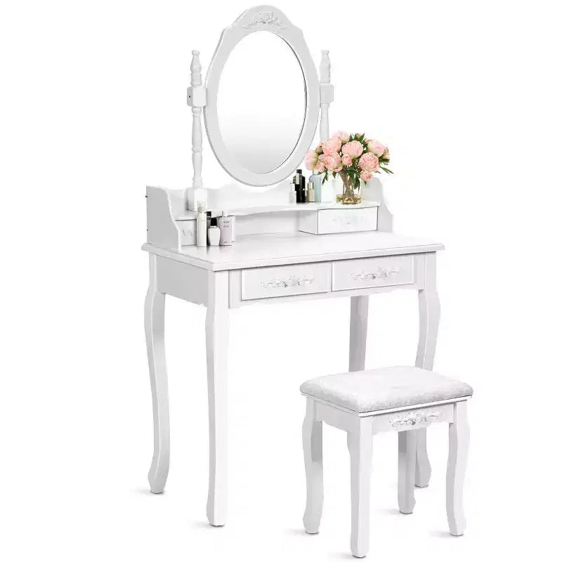 Coiffeuse de maquillage avec tabouret et 4 tiroirs – MDF, miroir rotatif à 360°, blanc