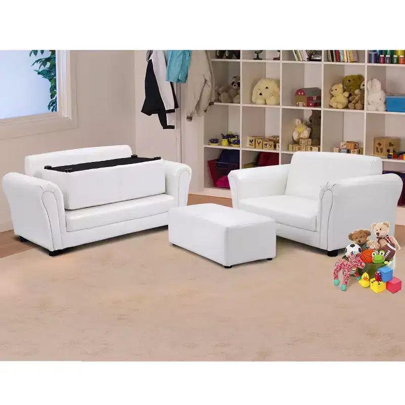 Fauteuil de canapé pour enfants avec pouf - Cuir synthétique blanc, 3-9 ans, capacité de 60 kg