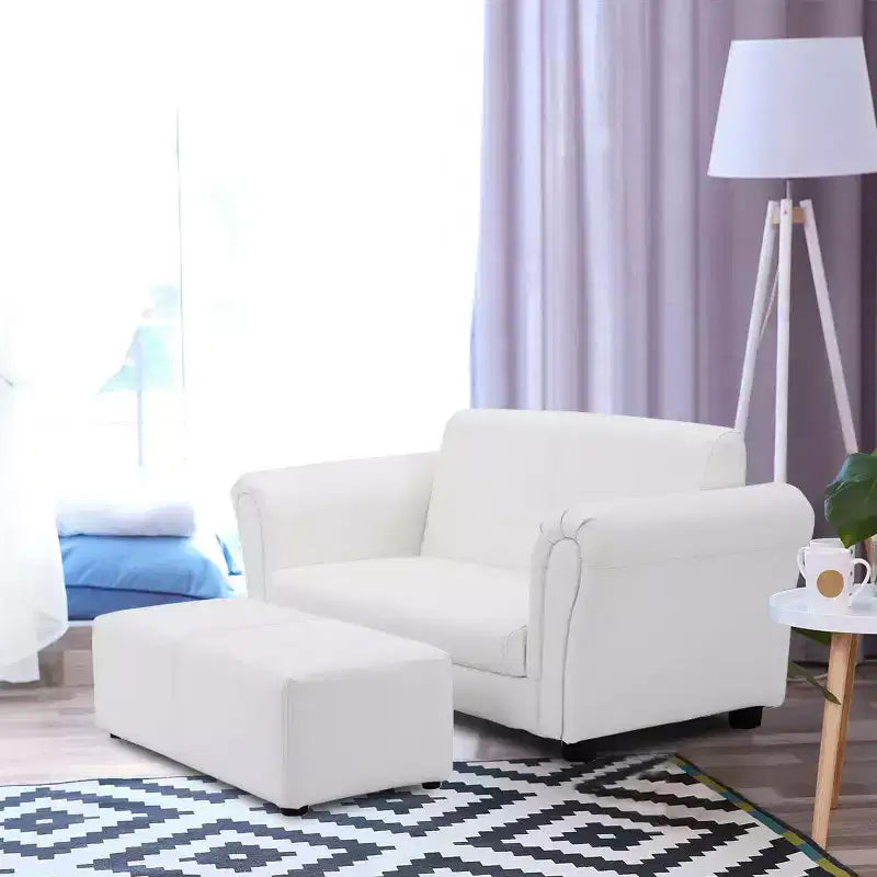 Fauteuil de canapé pour enfants avec pouf - Cuir synthétique blanc, 3-9 ans, capacité de 60 kg