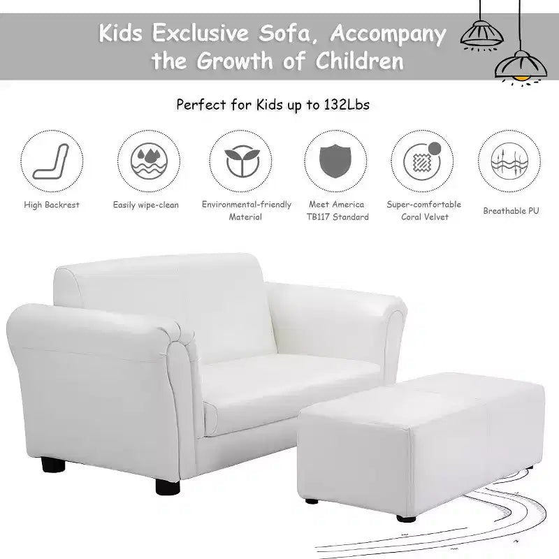 Fauteuil de canapé pour enfants avec pouf - Cuir synthétique blanc, 3-9 ans, capacité de 60 kg