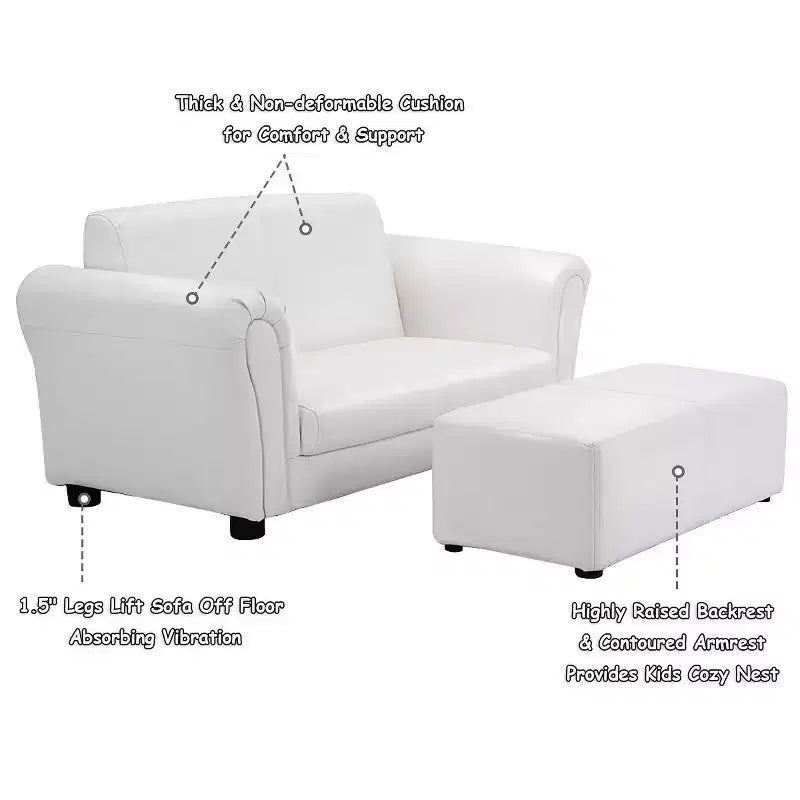 Fauteuil de canapé pour enfants avec pouf - Cuir synthétique blanc, 3-9 ans, capacité de 60 kg